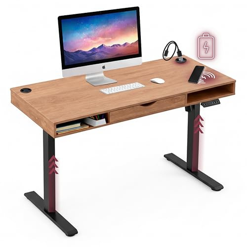 hjh OFFICE Schreibtisch Worktime Style 120x60 cm – Elektrisch höhenverstellbarer Arbeitstisch mit Memoryfunktion, Steh-Countdown, USB-Hub, Schublade & Ablagefächern, Eiche/Schwarz