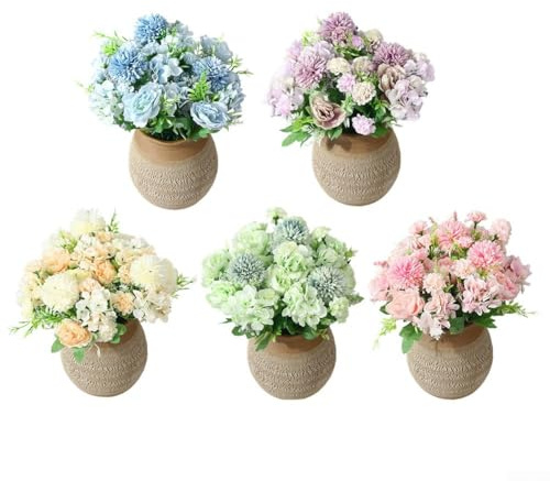 Paquete de 4 tallos de flores de seda para bodas, peonías y hortensias realistas para decoración (azul)