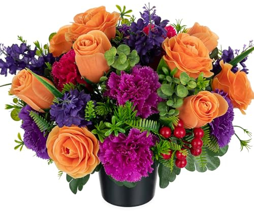 Memobloom Artificial Grave Flower Pots: Orange Roses Purple Carnation Artificial Flowers for Graves Cemetery Decorations - Spring Funeral Memorial Fake Silk Bouquet for Outdoor Graveside