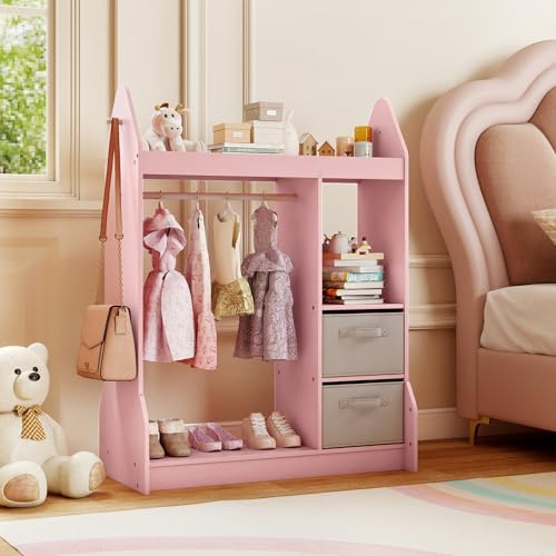 FANTASK Kinderkleiderschrank mit Stoffschubladen, 81 x 38 x 107 cm, Kindergarderobe mit Spiegel & Kleiderstange, Kinder Kleiderständer aus Holz für Kinderzimmer (Rosa)