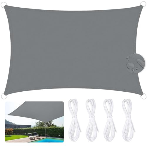 JUQG Vela de Sombra Rectangular Impermeable 3x5m, 420D Oxford Toldos de Terraza, 95% Resistente a Los Rayos UV, Cortina de Sombra para Piscina, Jardín, Terraza, Parque, Campamento - Gris