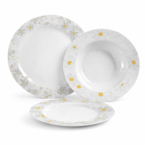 Ma Maison Servizio Piatti 18 Pezzi in Porcellana Lux, Set Tavola 6 Coperti 6 Piani 6 Fondi 6 Dessert Con Decorazione - (Margherita)