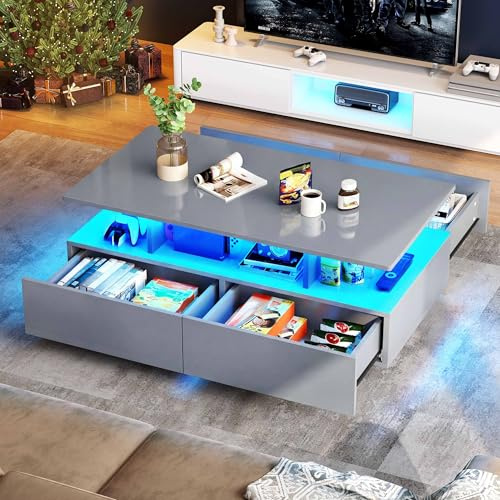 YITAHOME Table Basse Grise, Table de Salon Laquée avec Éclairage LED à 16 Couleurs Moderne, Table d'Appoint Grise avec Étagère Exposée Ouverte et 4 Tiroirs Extensibles 90x55x41,1 cm