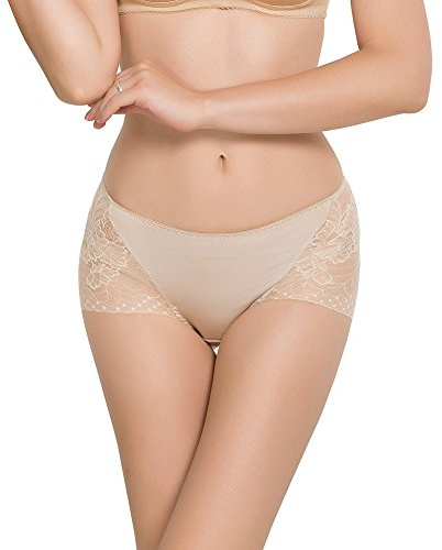 SilRiver - Bikini da Donna in 100% Seta, con Pizzo, Sexy, Slip Hipster, Biancheria Intima Premium (Medium, Beige)