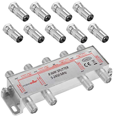 Poppstar Sat-Verteiler Antennenverteiler Splitter Umschalter 8-Fach inkl. IEC Stecker (analog/digital/BK/unicable/HD/4K tauglich) für TV,Antenne,Satellit,Kabel,Fernseher,Radio,LNB