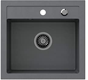 VBChome Spülbecken 50 x 47 cm Grau Spüle Einzelbecken Küche Einbauspüle Verbundspüle Küchenspüle gesprenkelt flächenbündig + Siphon Waschbecken