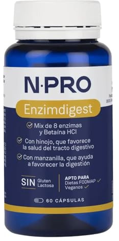 NPro SALUD INTESTINAL Enzimdigest 60 Cápsulas – Suplemento con 8 Enzimas – Digezyme®, Betaína HCI, Hinojo y Manzanilla – Favorece Digestión y Absorción de Nutrientes