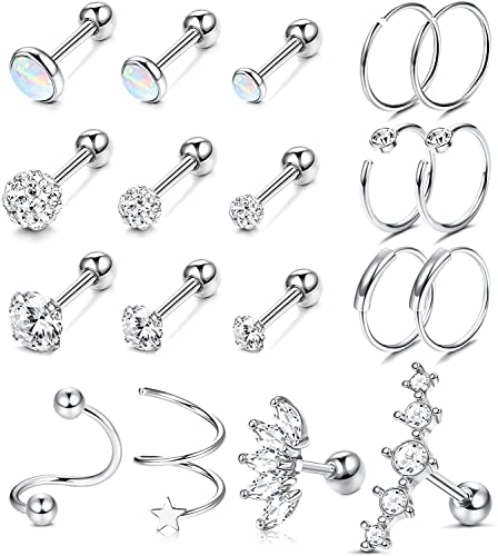 Milacolato 19Pcs Helix Piercing Tragus Knorpel Creolen Für Damen 16-20G Labret Flache Kugel Zurück Ohrringe Daith Tragus Helix Ohr Ohrringe Frauen