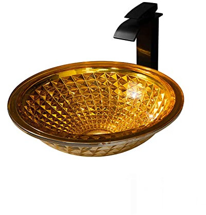 Ksunun Waschbecken Modernes Design Kristallglas Aufsatzwaschbecken Runden Handwaschbecken mit Messing Wasserfall Wasserhahn und Wasserablauf, Aufsatz Waschschale für Bad,Gold