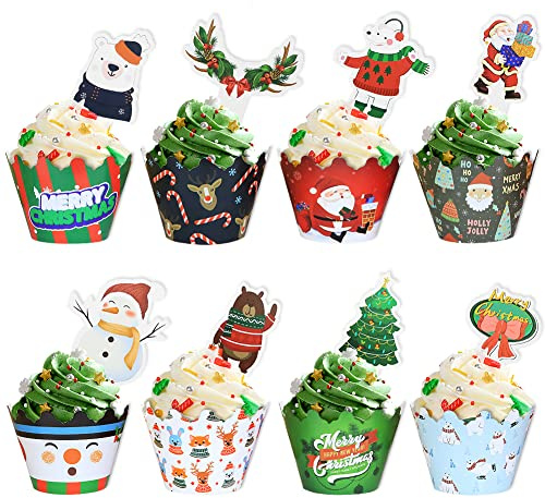 48 Stück Weihnachten Cupcake Topper und Wrapper, Weihnachtsfeier Dekoration Weihnachtsmann Schneemann Rentier Elf Pinguin Weihnachtsbaum Weihnachtskranz Lebkuchen Hand Kuchen Party Dekoration Zubehör