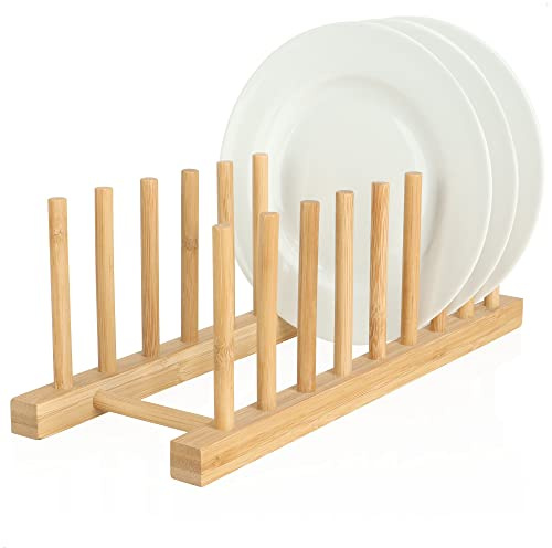 com-four® Abtropfgestell für Geschirr - Tellerhalter aus Bambus - Stabiler Geschirrabtropfer - moderner Küchenorganizer - Solider Geschirrtrockner - Topf-Deckelhalter (1 Stück - 34x12.5x12cm braun)