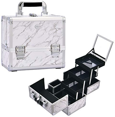 Kosmetikkoffer Schminkkoffer Leer mit Spiegel Alu Beauty Case mit Pinselhalter Abschließbarer Make up Organizer Koffer, Marmor