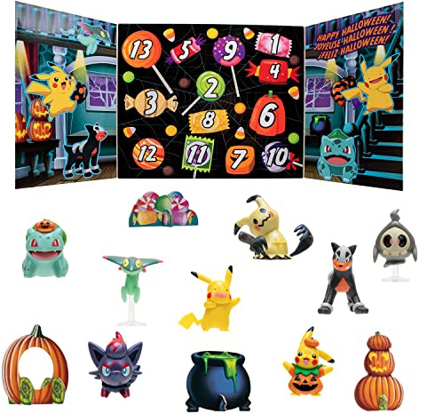Bandai - Pokemon - Halloween Adventskalender - 8 Pokémon-Figuren und 5 Zubehörteile - Pikachu, Zorua, Malosse, Bulbizarr, Fantyrm, Skelenox und Mimiqui - PKW2688