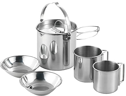 Lixada 5-teiliges Camping Kochgeschirr Set, Camping Topf Edelstahl Tasse BecherKochen Wasserkocher mit Deckel und Griff, Tragbares Camping Geschirr Set für Camping Wandern Angeln Picknick