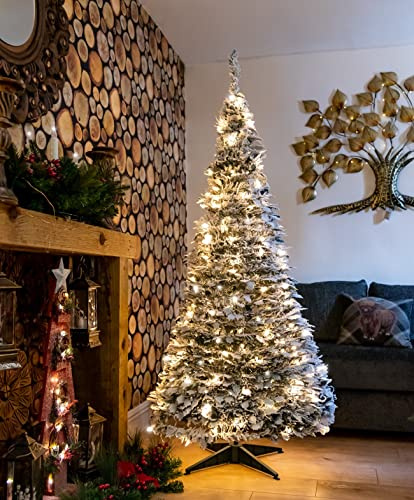 6Ft/180cm Prelit Pre Decorated Pop up Snow Flocked White Christmas Tree Xmas Home Indoor LED Warm White Lights Decorations