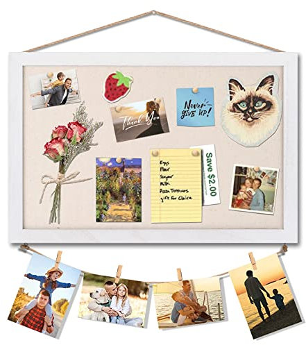 Miratino Cork Board anslagstavla, 40 cm x 30 cm vitt linne korkbrädor för väggar med vit ram, anslagstavla visionstavla för hem, kök, skola, kontorsdekor