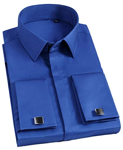 Dninmim Camicia da uomo con bottoni sottili in cotone per feste di nozze e smoking con gemelli, Blu reale, L