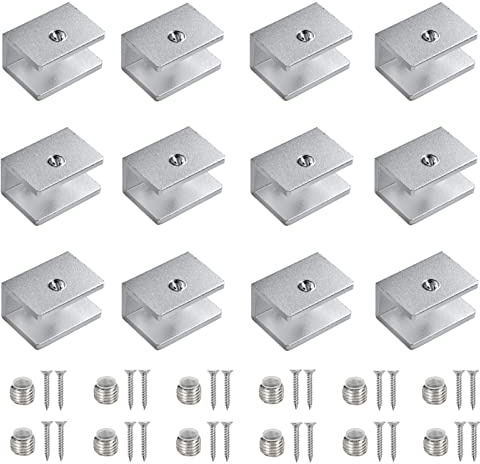 12 Pezzi Supporto Vetro Morsetto, Staffa Reggimensola in Vetro Regolabile, Mensole in Vetro di Alluminio Clip di Vetro, per Vetro Spesso 8-10 mm, per Mensola da Bagno ecc (Con Viti)
