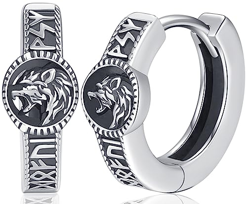 Unisex Sterling Silber 925 Creolen - Viking Rune Ohrringe Klapp Schwarz Klein Ohrschmuck für Frauen, Männer