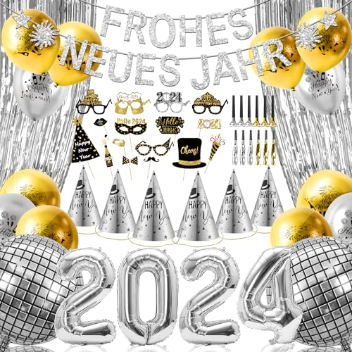 iZoeL Silvester Deko 2026 Party Silber Folienballon 2026 Frohes neues Jahr Deko Banner Luftballon Silvester Fotorequisiten Partytröten Metalic Glitzer Vorhang Neujahr Partydeko Silvesterdeko