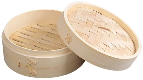 ulafbwur Vaporera de bambú apilable, 1 juego de vaporera de bambú con diseño de 2 capas, vaporizador de alimentos para cocinar albóndigas, pescado, carne, vaporera para el hogar y la cocina, 20 cm