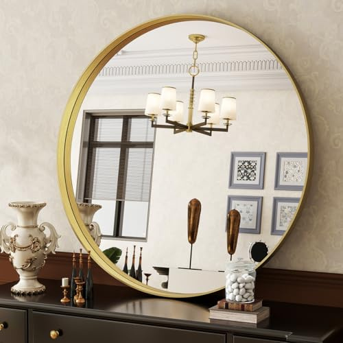 Koonmi Luxuriöse Spiegel Rund 81 cm, Gold Tiefer Rahmen Runder Badspiegel, Wandspiegel Rund mit Schwarz gebürstetes Metall Rahmen für Badezimmer, Wohnzimmer, Eingang Wanddekoration