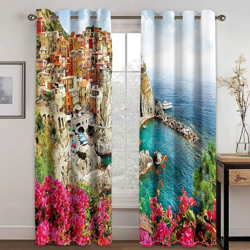 MTBDDyyds Vorhänge Für Kinderzimmer Jungen - 3D Städte Flüsse Blumen 137X117Cm - Kinderzimmervorhänge Mit Ösen, Verdunkelungsvorhang Gardinen Schals Vorhang Blickdicht