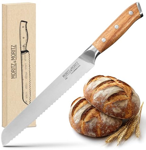 Moritz & Moritz Brotmesser 20 cm - Großes Profi Brotschneidemesser mit Wellenschliff - Scharfes Sägemesser zum Schneiden von Brot - Ergonomischer Griff aus Akazienholz - Deutscher Messerstahl