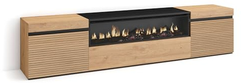 Skraut Home | TV Unit, Stand Cabinet | Entertainment Center | 200x45x35cm | For TVs up to 80 | Electric Fireplace | Modern Style | Oak