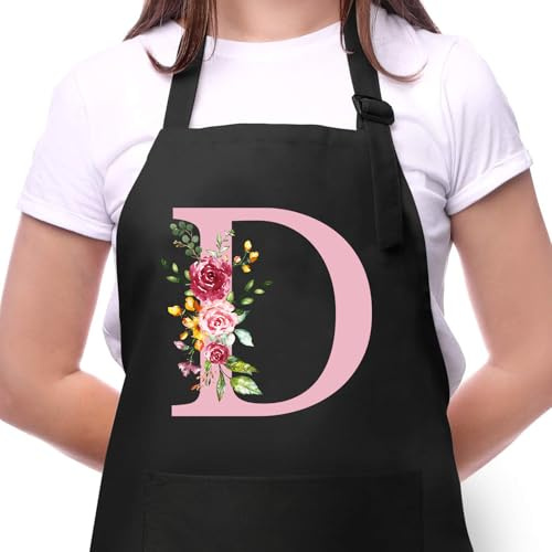 Grembiuli da Donna con Iniziali, Impermeabile Regolabile Grembiule da Cucina con 2 Tasca, Regali per Mamma, Moglie, Fidanzata, Compleanno, Natale per Cucina Ristorante Bar Irrigazione, Giardinaggio D
