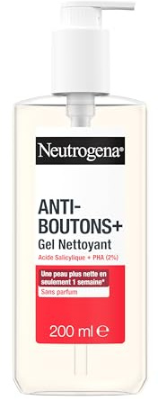 Neutrogena – Gel Nettoyant Anti-Boutons + Acide Salicylique + 2% PHA (200 ml) – Soin visage anti-boutons non comédogène et non gras – Nettoyant visage pour peaux à tendance acnéique sans parfum