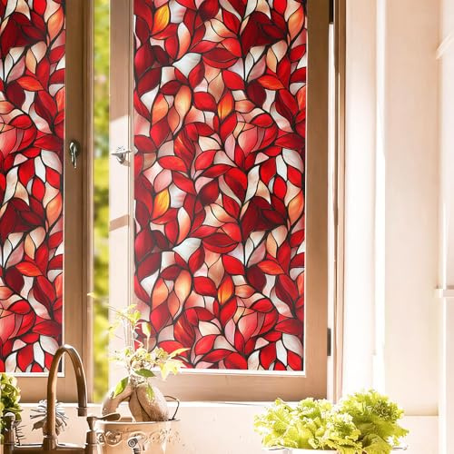 Vintage Red Stained Glass 16x118 Double Side Window Films Art Decorative Privacy Tinting Film Self-Adhesive Static Glass Window Clings Stickers for Living Room Bathroom