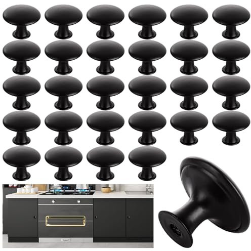 ZOFUN 30 Pcs Black Drawer Knobs, 3 x 2.2 cm Cabinet Door Knobs with 4.5 & 2.5 cm Screws, Round Cupboard Handles Knobs Replacement, Vintage Matted Black Wardrobe knobs for Kitchen, Furniture, Doors