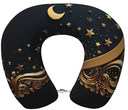 Travel Neck Pillow Comfortable Memory Foam Airplane Pillow Neck and Head Support Golden background and crescent moon U Shape Neck Pillows for Sleeping Portable Travel Pillow for Plane Car Home
