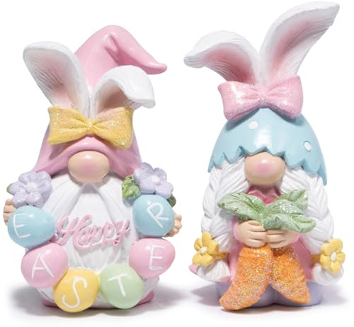 Hodao Easter Gnomes with Bunny Ears – Adorable Set of 2, Hand-Carved Floral Eggs, Glitter Bows & Sparkle Carrot – Premium Resin Decor for Living Room/Table/Shelf (White)