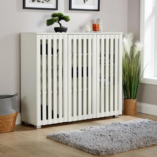 Home Source 3 Door Wooden Shoe Storage Cabinet Rack Stand, Slatted Cupboard, White