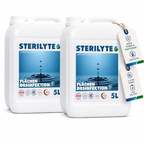 STERILYTE Flächendesinfektionsmittel Kanister 2 x 5 L – Nachhaltig, alkoholfrei & hochwirksam - Desinfektionsmittel für Flächen vielseitig einsetzbar – Halal zertifiziert, MADE IN GERMANY