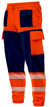 Pantaloncini da lavoro cargo da uomo ad alta visibilità con contrasto, multitasche, nastro riflettente, coulisse, elastico in vita e polsini, Arancione navy., XL