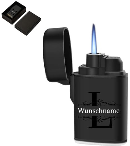 EKM Living Feuerzeug personalisiert mit Wunschname & Initialen - Wunschtext - Individuell - Sturmfeuerzeug mit UV-Druck - nachfüllbar - langlebig - Geschenk für Männer