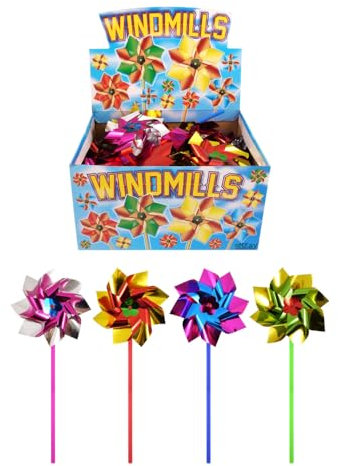 eMKay® Pack of 24 Foil Rainbow Windmills for Kids – Colourful Pinwheels with 30cm Sticks – For Garden Decoration, Party Bags, DIY Crafts, Events & Bird Deterrent