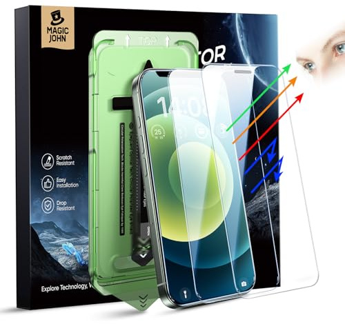 MAGIC JOHN 2 Stück für iPhone 12/iPhone 12 Pro (6,1 Zoll) Displayschutz Augenschutz Anti-Blaulicht, HD Klar, Auto Dust-Elimination, 9H-Gehärtetes Glas & Kratzfest, Vollständige Kantenabdeckung