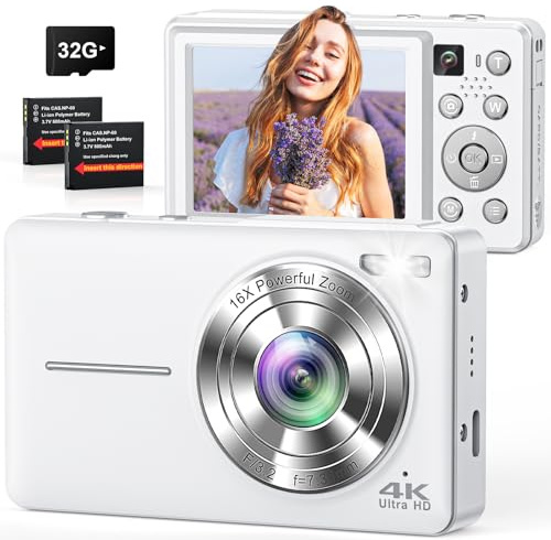 4K Digital Camera, 64MP Autofocus Point and Shoot Camera with Front & Rear Camera, Flash, 16X Zoom, 32GB Card, 2 Batteries, Compact Vlogging Camera for Teens & Beginners