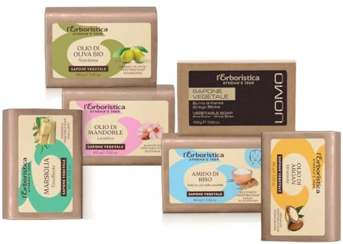 L'Erboristica Athena's | Saponi Vegetali Assortiti: Sapone Uomo, Olio di Oliva Bio, di Mandorle Dolci, di Argan, Marsiglia, Amido di Riso, Saponetta 100 gr, 6 Pezzi, Made in Italy