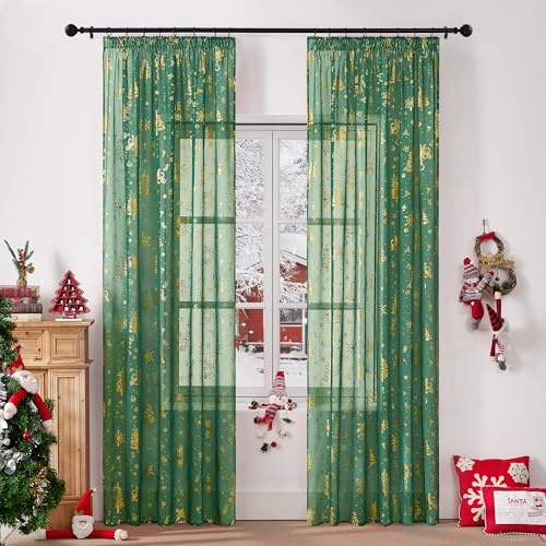 KGORGE Christmas Curtains Living Room Grüne Weihnachtsgardinen 240cm Lang Wohnzimmer Gardinen Weihnachten Vorhang Transparent Kräuseband Weihnachts Gardinen Durchsichtig, 2er Set H 240 x B 140 cm