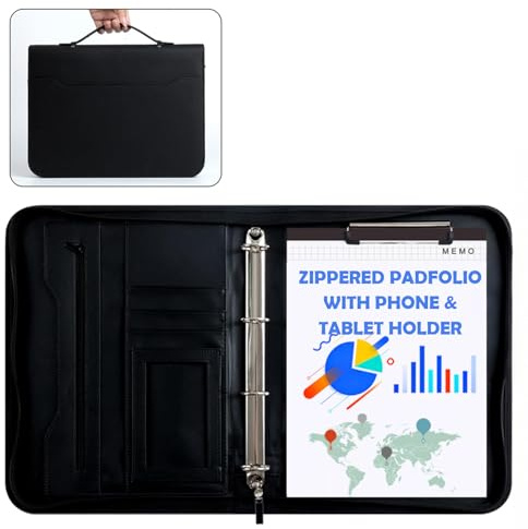 3-Ring Portfolio Binder, Zippered Folder with Writing Pad, PU Leather with Pockets, Professional Organizer with Laptop Sleeve and Folder (Black)