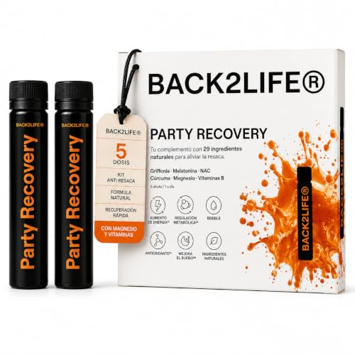 Complemento Stop Resaca Bebible | Vitamina C + Zinc + Taurina + Melatonina + Magnesio Bisglicinato | Anti Resaca 29 Activos Naturales | Kit 5 Shots | Alta Absorción - Party Recovery by BACK2LIFE | Bebible, con Vitamina C, Zinc, Taurina, Melatonina y Magnesio Bisglicinato, de alta absorción. Party Recovery by BACK2LIFE.