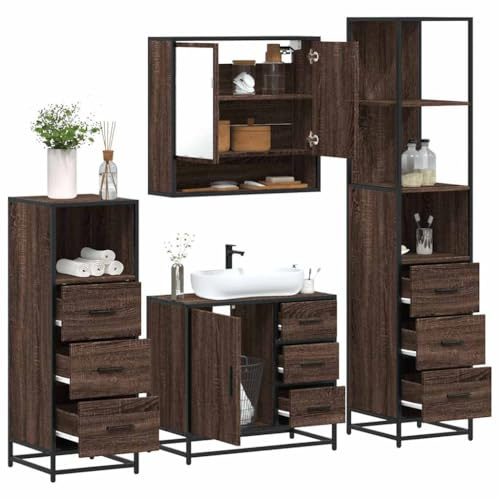 Holamys 4-TLG. Badmöbel-Set Braun Eichen-Optik, Holzwerkstoff, Metall, Waschbeckenunterschrank, Spiegelschrank, für Badezimmer, Stauraum, 65x20x60cm