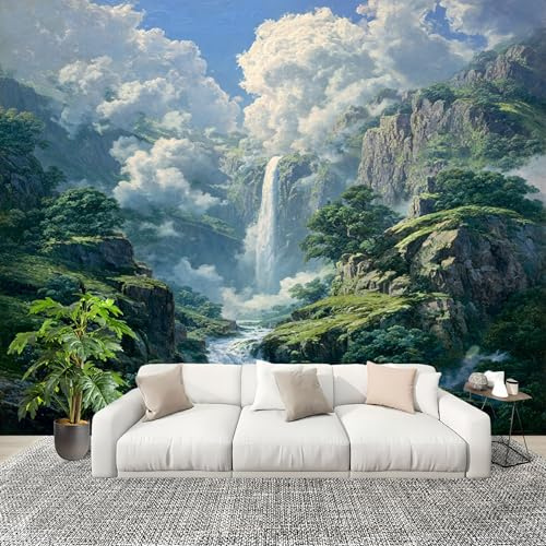 Genérico Papel Pintado Panorámico 300x210 cm Bosque Cascada Paisaje. Personalizable Fotomurales No Tejido Póster Pared Decoración Verde 3D Duradero y Resistente a las manchas Fotomurales