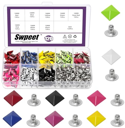 Swpeet 120 conjuntos 8 colores 10mm pirámide rápida espiga remache remaches Kit, cuadrado punk espigas remaches, metal pirámide cuero artesanía decoración remache remaches para bolsa cuero ropa