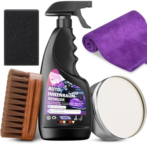 PeakQust Profi Auto Innenraum Reiniger Set(5-teilig)500ml Innenraumreiniger Auto,Lederpflege 250ml Balsam,Bürste, Mikrofasertuch Autopflege Set